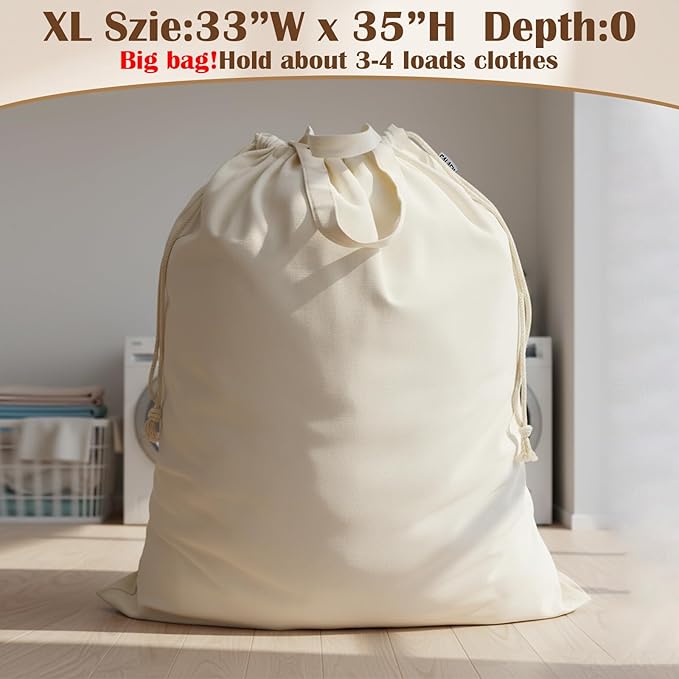 Canvas Laundry Bag 33"Wx 35"H, Thick Canvas Laundry Bag with Handles & Drawstring, Extra Large Heavy Duty Washable Basket Liner Hamper Liner Storage Sack (Beige XL, 1 Pack)