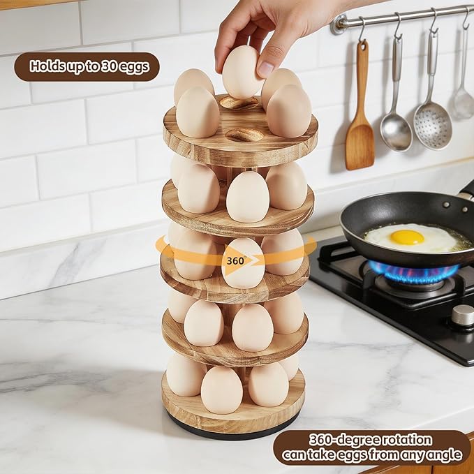 lotoo Wooden Egg Holder Countertop, 5-Tier Egg Rack for Gathering 30 Fresh Eggs, 360° Rotating Spiral Egg Storage Organizer for Kitchen Counter, Farmhouse, Easter Egg Collector, Large Capacity