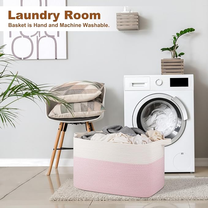 OIASKET XXXL Large Blanket Basket, 108L Cotton Rope Storage Basket for Living Room, Supre Large Toy Baskets for Kids, Woven Basket for Clothes, Towels, Pillows, 25" x 16" x 16", Pink and White