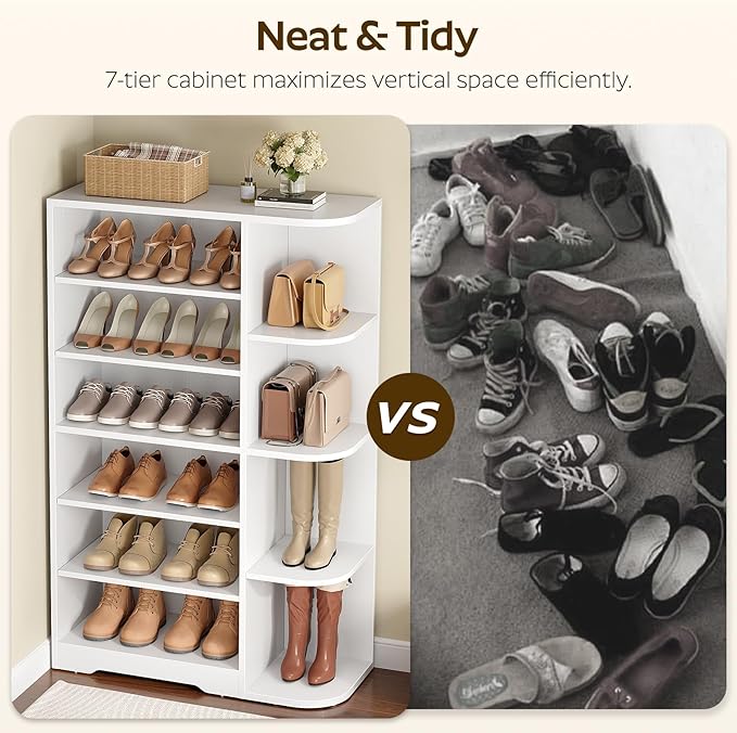 YATINEY Tall Shoe Rack, Multifunctional Shoe Cabinet with Open Storage, Entryway Shoe Organizer for Closet, 7-Tier Wooden Shoe Storage Closet with Adjustable Shelves, White SC02WT