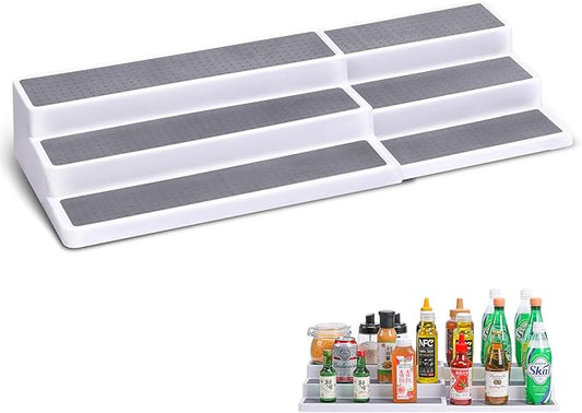 CiWiVOKi 3 Tier Expandable Spice Rack Organizer, Plastic Spice Rack, Adjustable Length 14.6In-25.8In, Non-Skid Tiered Spice Shelf Organizer for Kitchen Cabinet, Cupboard, Pantry, White/Grey