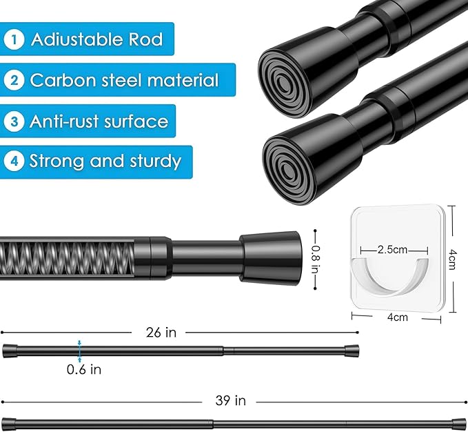 MEXAU 1Pack Spring Tension Curtain Rod 26-39 inch Black Adjustable Spring Rod Extendable Tension Rod For Kitchen, Bathroom, Window, Bookshelf, Closet