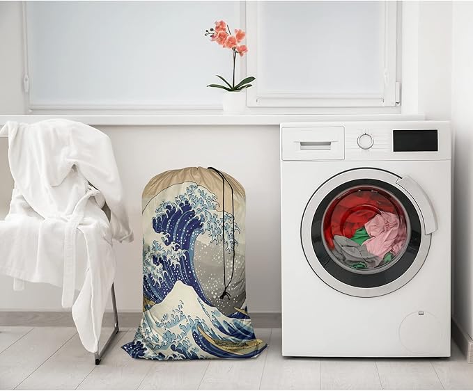 Swono Laundry Storage Bag with Drawstring Closure Japanese Wave Extra Large Huge Heavy Duty Oxford Cloth, The Great Wave Off Kanagawa Ocean Series Strong Power, Machine Washable