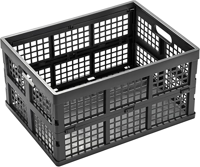 Eslite 34L Large Plastic Folding Storage Crates,Collapsible Crates for Storage,Pack of 3 (Grey)