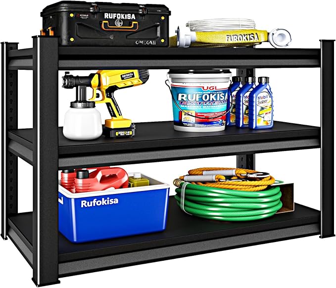 40" W 3-Tier Garage Shelving Heavy Duty, 1500LBS Loads Garage Storage Shelves, Metal Shelving Units and Storage Racks, Industrial Utility Shelf Heavy Duty,40" Wx16 Dx36 H, Black
