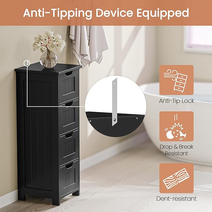 SUPER DEAL Small Bathroom Storage Cabinet with 4 Drawers, Freestanding Narrow Wooden Side Storage Organizer for Bathroom Hallway Living Room, Black