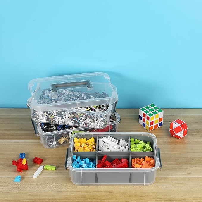 JUXYES 2 Pack 3-Tiers Stack Carry Storage Box With Divided Tray, Transparent Stackable Storage Bin With Handle Lid Latching Storage Container for School & Office Supplies, Dark Gray
