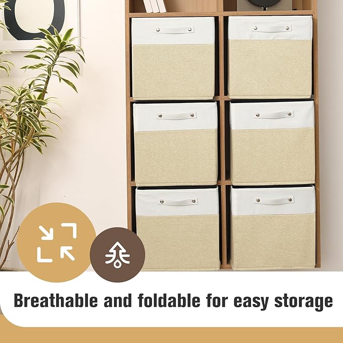 FinishingBo 13 x 13 Inch Fine Linen Storage Bins with Handles，Fabric Cube Boxs，Basket Organizers for Shelves for Home, Closet Drawers (White/Khaki-6 Pack)
