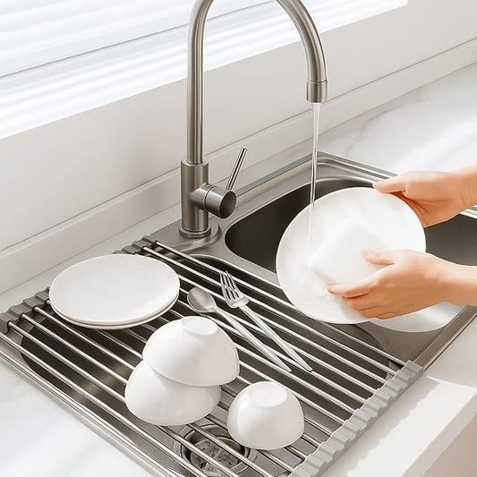 Over-The-Sink Roll Up Dish Drying Rack, 18.5" x 13.5" Foldable Stainless Steel Dish Drainer Mat, Sink Cover & Heat-Resistant Kitchen Organizer (Grey)