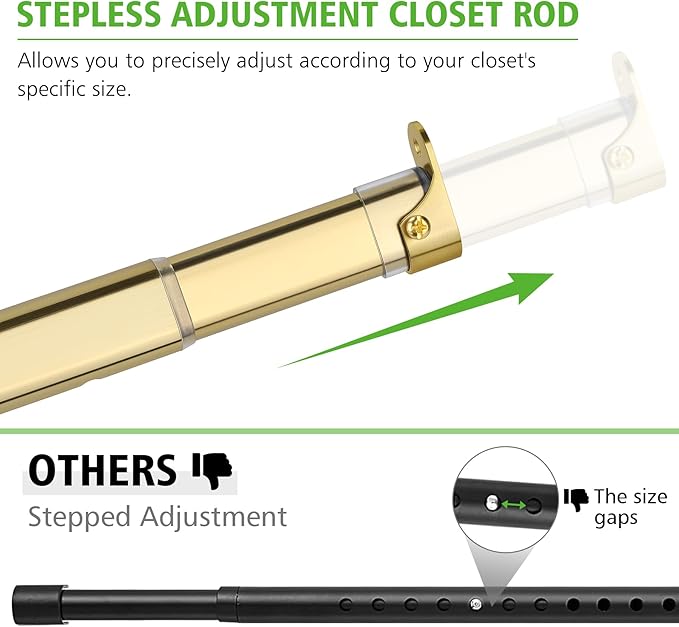 Oval Closet Rod for Hanging Clothes 30 to 54.5 Inch, Includes End Supports, Adjustable Wardrobe Tube, Heavy Duty Extendable Closet Pole, Carbon Steel, Gold