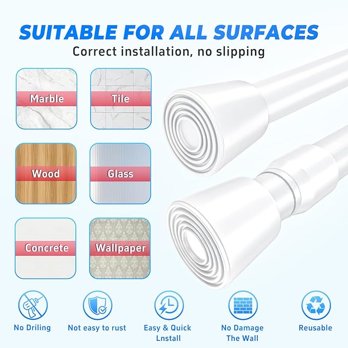 2 Pack White Tension Rods, 53"-98" Adjustable Shower Curtain Rods, Heavy Duty No Drilling Rod, 11lbs Max Load, 1.2" End Cap, 19/22mm Tube, Metal, for Bathroom, Window, Bedroom, Doorway, Closet