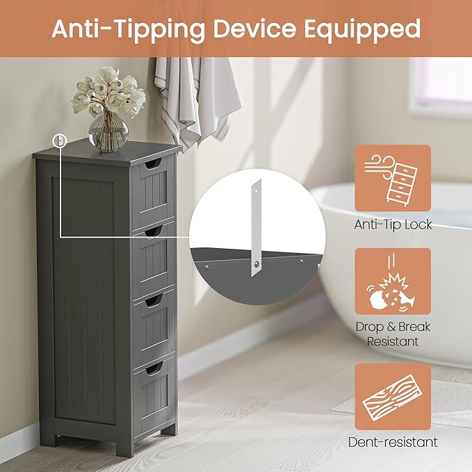 SUPER DEAL Small Bathroom Storage Cabinet with 4 Drawers, Freestanding Narrow Wooden Side Storage Organizer for Bathroom Hallway Living Room, Grey
