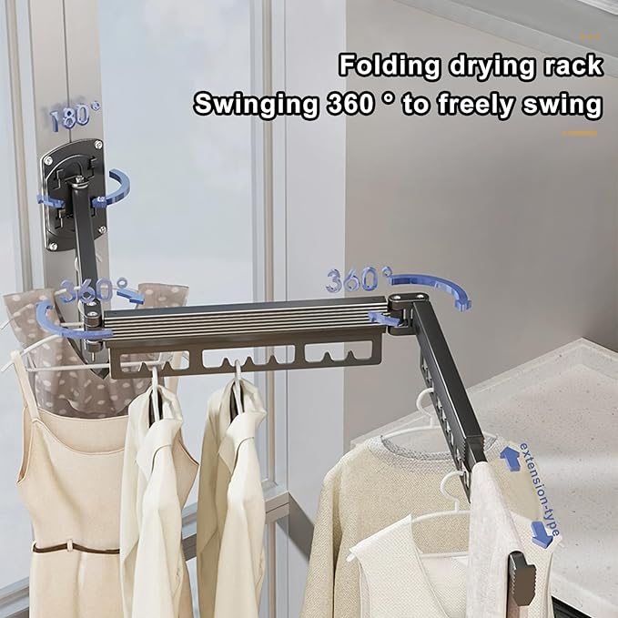 Clothes Drying Rack Wall Mounted Retractable Clothes Drying Rack Space-Saver Laundry Drying Rack Collapsible(Tri-Fold) for Balcony, Laundry, Bathroom, Patio, Apartment, Dormitory（Dark Grey）