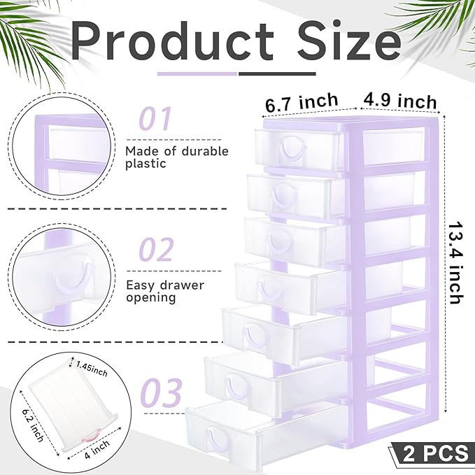 Thyle 2 Pcs Plastic Drawers Organizer Mini Organizer Stackable Plastic Clear Drawer Storage Box Containers Storage Units for Desktop Classroom Craft 6.7 x 4.9 x 13.4 inches(Purple)
