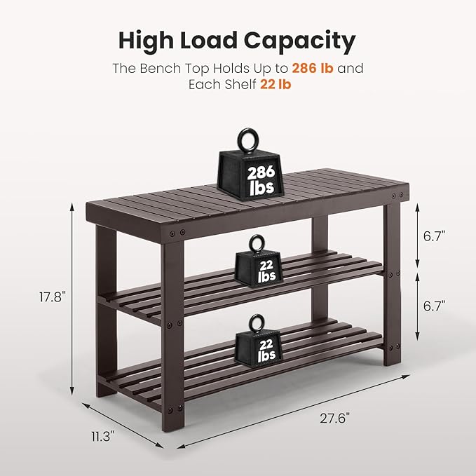 Sweetcrispy 3-Tier Shoe Rack Bench, Bamboo Entryway Storage Organizer, Shoes Stand for FrontDoor Entrance, Bedroom, Living Room, 286lb Capacity, 11.3 x 27.6 x 17.8 Inches, Chestnut