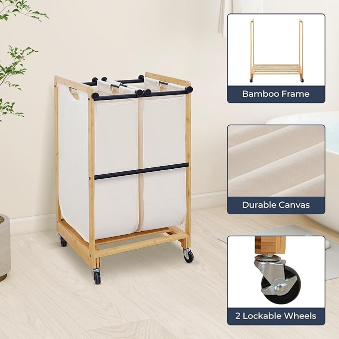 STO STO 2-Section Laundry Sorter with Bamboo Frame, Rolling Laundry Hamper Basket with Removable Bags and Lockable Wheels, Laundry Cart for Clothes Storage in Bedroom & Laundry Room, Beige
