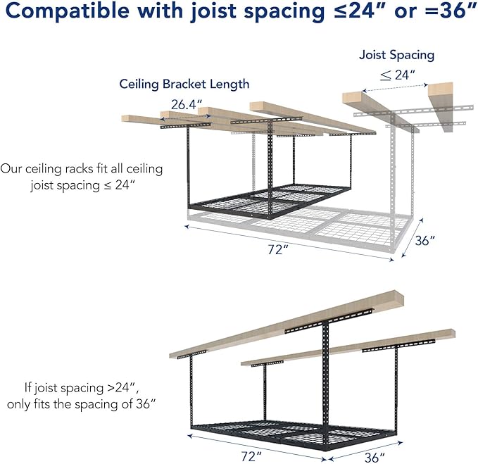 FLEXIMOUNTS 2 Pack 3x6 Overhead Garage Storage Adjustable Ceiling Rack 72" Length x 36" Width x 40" Height, 900lbs Total Weight Capacity, Hammertone, Classic Series