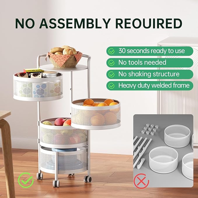 JAQ No Assembly Integrated Rotating Storage Cart, 4-Tier Rolling Storage Cart with Wheels, Solid Carbon Steel Onion Potato Storage, Kitchen Storage Cart, Vegetable Storage Cart, White