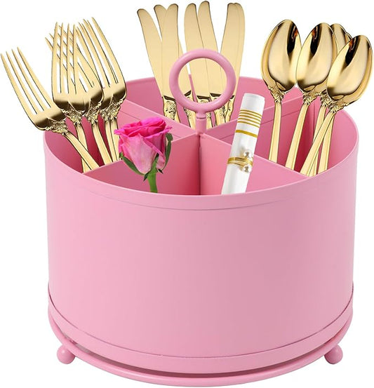 NelyBet 360°Rotating Metal Utensil Caddy 4 Compartment Silverware Cutlery Holder Fork Spoon Napkin Organizer Flatware holder with Handle For Picnic Camping Party - Pink