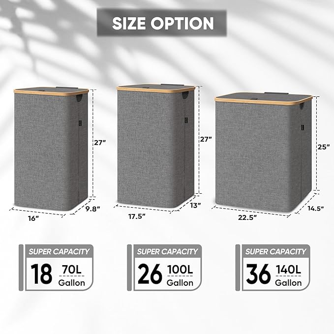 BALEINE Laundry Hamper with Lid, Tall Laundry Baskets with Bamboo Pull Handles, Large Laundry Bin with Internal Support (18 Gal/70L, Grey)