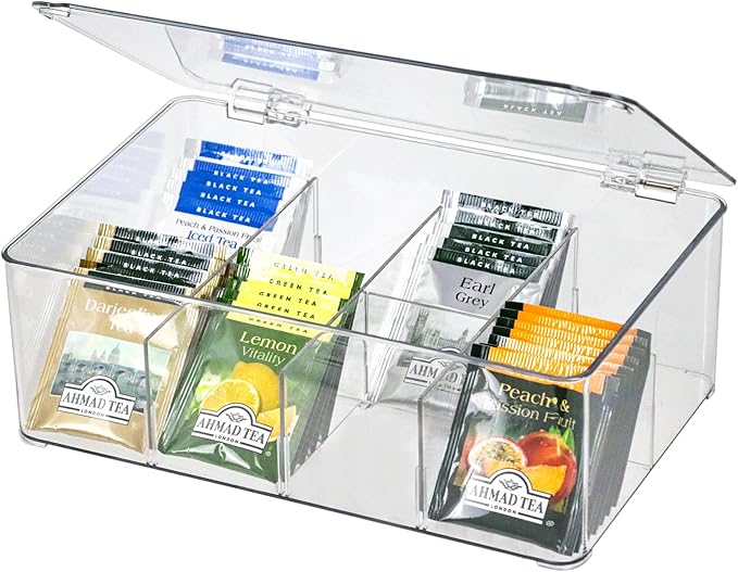 ZEXALOR Clear Tea Bag Organizer, Dresser Organizers Drawer Organzier Storage Container with Removable Dividers, Plastic Storage Bin with Lid, Organizer for Scarves Ties Bras