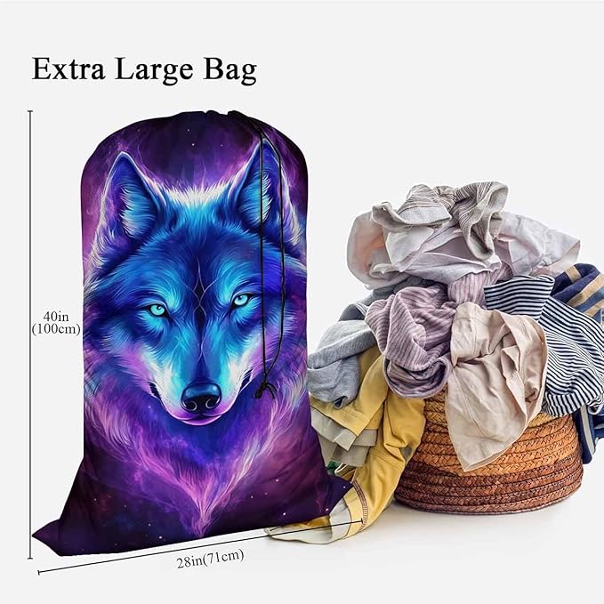 Swono Galaxy Wolf Drawstring Closure Dirty Clothes Bag Organizer, Heavy Duty Large Laundry Bag, Starry Sky Stars Constellation Outer Space Bags for Camp Travel, Machine Washable, Magical Purple