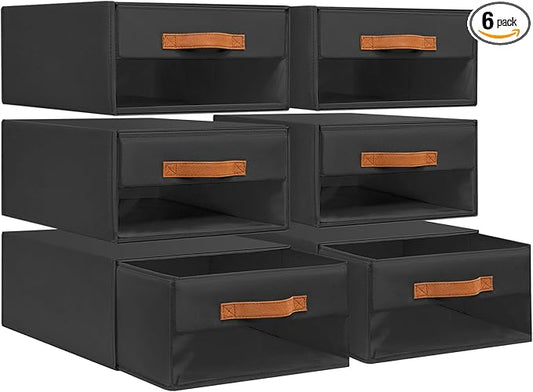 DIMJ Closet Organizers and Storage - Foldable Storage Bins with Drawers Fabric Stackable Storage Drawers with Clear Window,Fabric Clothes Organizers and Storage Drawers for Closet, 6-Pack, Black