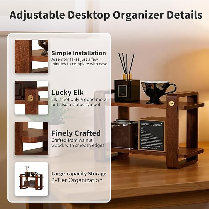 Coffee Station Organizer for Kitchen Walnut Wooden Countertop Mug Holder 2 Tier Wooden Cup Organizer Stand Shelf