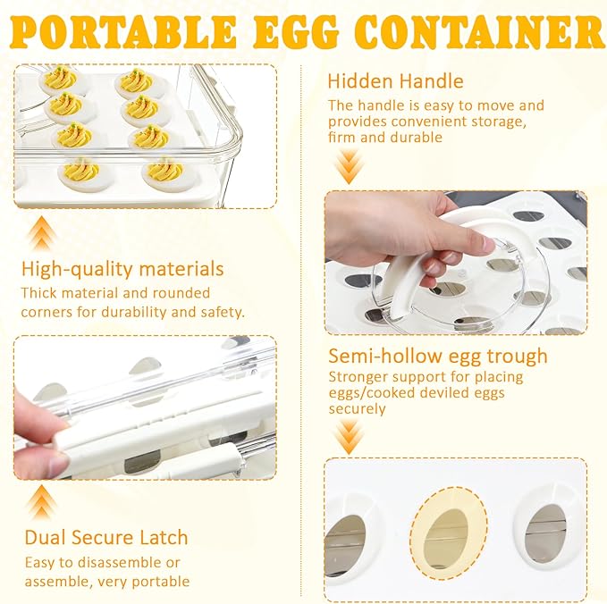20 Deviled Egg Containers with Lid & Handle,Egg Holder for Fridge PET Thickened Eggs Organizer for Refrigerator Inc Egg Slicer,Kitchen Tongs,Silicone Spatula,Piping Decorating Kit