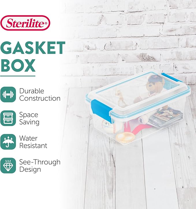 Sterilite Gasket Box, Stackable Storage Bin with Latching Lid, 7.5 Quart, 6 Pack
