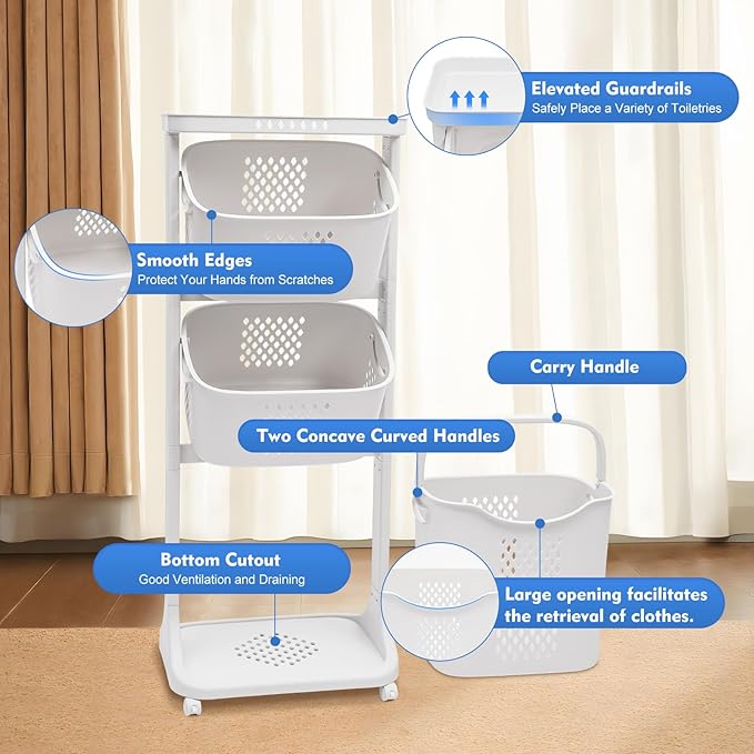 Rolling Laundry Basket, Laundry Hamper 3 Section With Wheels, Detachable Laundry Organizer Clothes Storage Hamper Laundry Sorter for Bedroom Dorm Apartment