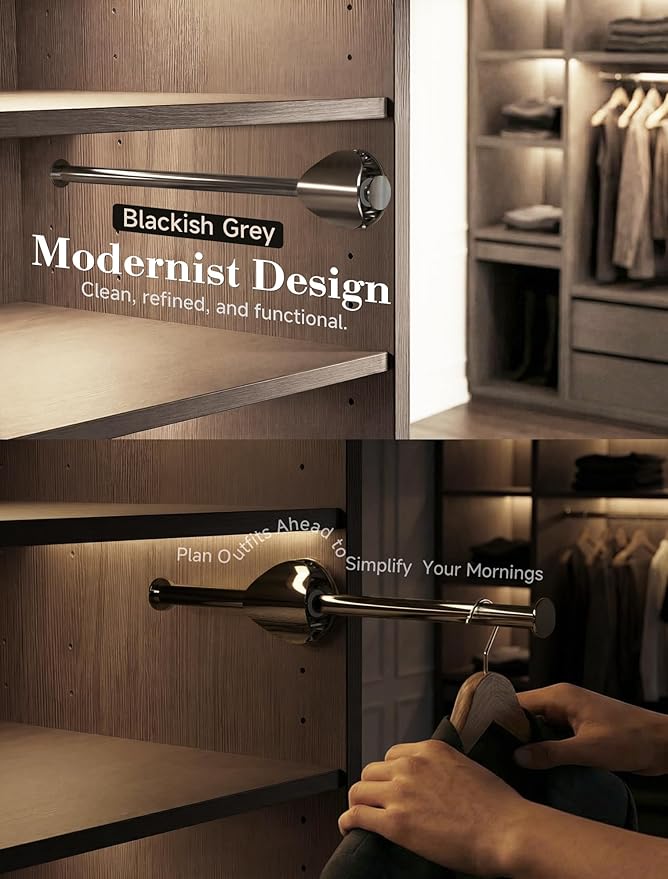INMAKER Valet Rod for Closet Slide out, Pull out to 9.5" Hanger Rod for ≥12" Deep Closet, Blackish Grey, 2 Pack