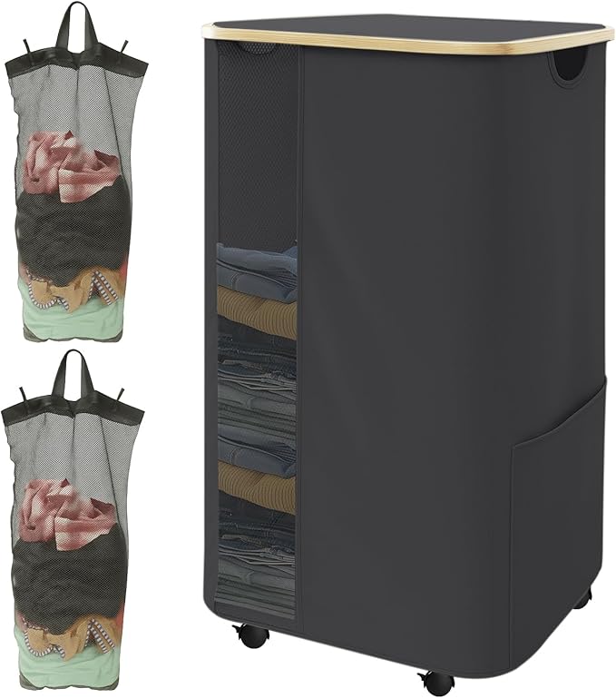 Rolling Laundry Hamper with Lid & Wheels, 110L Slim Double Black Laundry Hamper 2 Section, Narrow Large Laundrys Hampers with Removable Bags&Breathable Mesh, Dirty Clothes Hampers for Bedroom