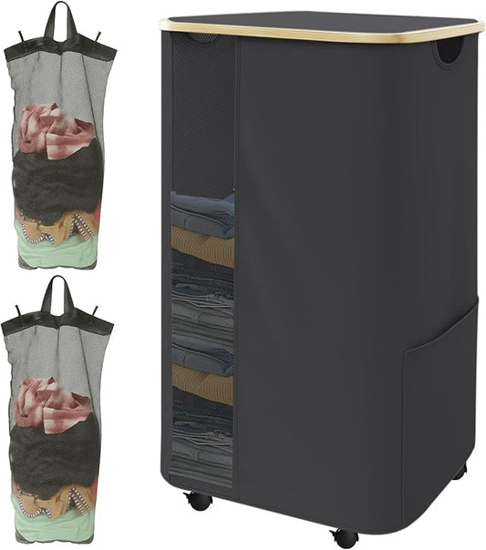 Rolling Laundry Hamper with Lid & Wheels, 110L Slim Double Black Laundry Hamper 2 Section, Narrow Large Laundrys Hampers with Removable Bags&Breathable Mesh, Dirty Clothes Hampers for Bedroom