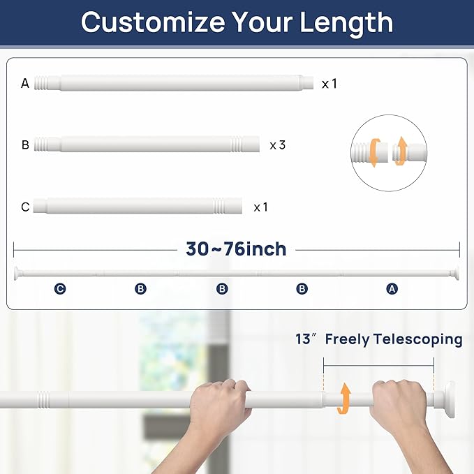 ENJOYBASICS Shower Curtain Rod 30 to 76 Inches, 1 Inch Stainless Steel Adjustable Spring Tension Rods No Drill for Bathroom, Closet, Window, Room Divider, Never Rust, Non Slip, White