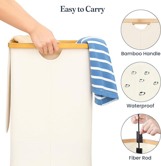 Fine Living 100L Large Laundry Hamper with Lid, Narrow Foldable Slim Laundry Basket with Removable Bag & Bamboo Handles, Skinny Tall Dirty Clothes Hamper for Dorm, Bathroom & Bedroom, Ivory