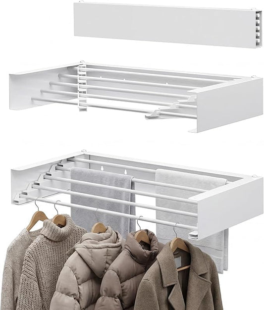 Clothes Drying Rack Wall Mounted - 40" Large Stainless Steel Laundry Drying Rack Collapsible, 60LBS Heavy Duty Retractable Hanger, 5-Rod Tiered Foldable Rack for Indoor