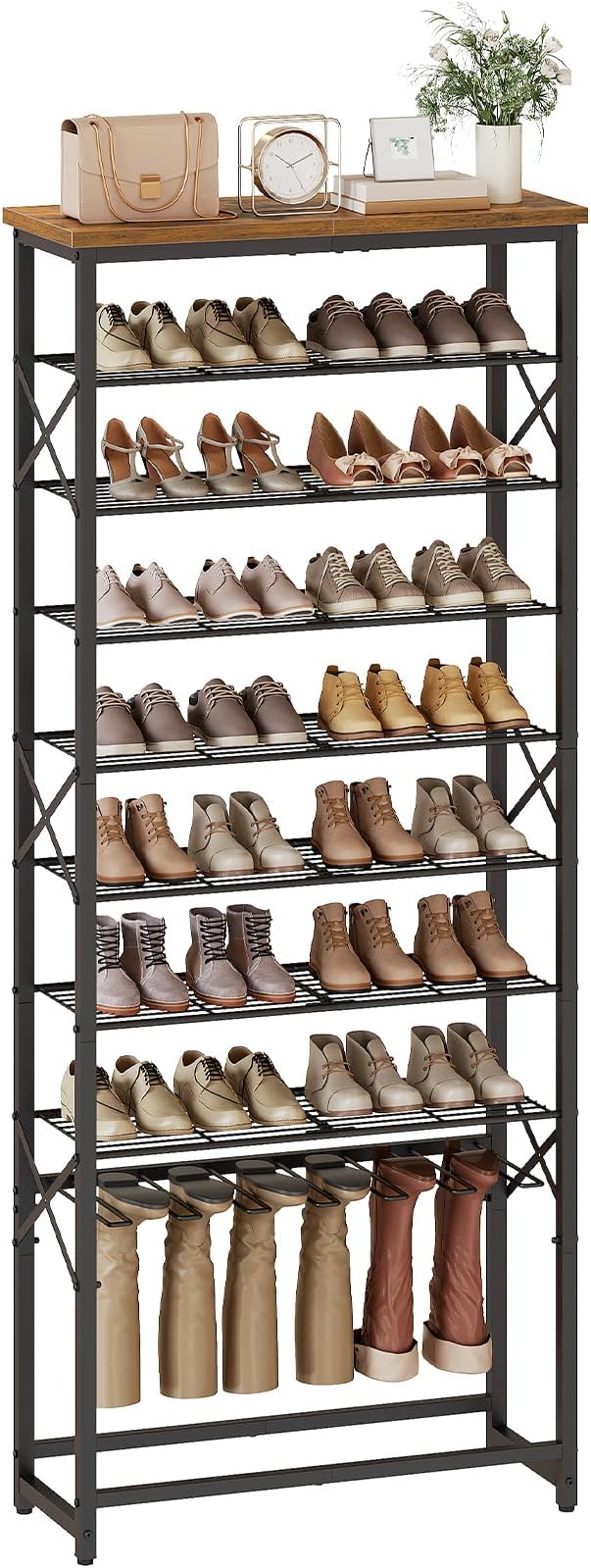 YATINEY Tall Shoe Rack for Entryway, Metal Shoe Storage Organizer with Boot Rack, 10 Tier Sturdy Shoe Rack for Closet, Space Saving Wooden Shoe Shelf, Black and Rustic Brown SS19BR