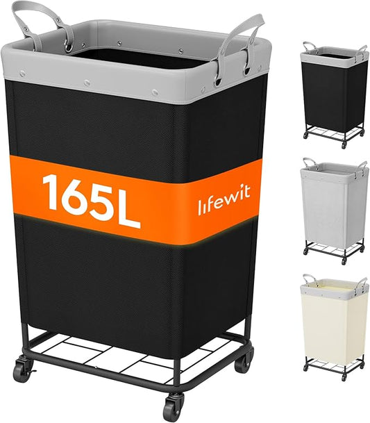 Lifewit 165L Laundry Basket with Wheels, Large Heavy Duty Commercial Rolling Laundry Hamper with Handles, Tall Steel Frame Laundry Cart for Laundry Room Bedroom Hotel Home Dorm, Black