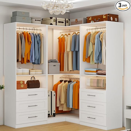 Closet System with 6 Wooden Drawers, 6.5-16FT Corner Closet Organizer System for Walk in Closet, Heavy Duty Modular Closet Systems, Built-in Shelving System with 7 Hanging Rods, 3-Piece Set