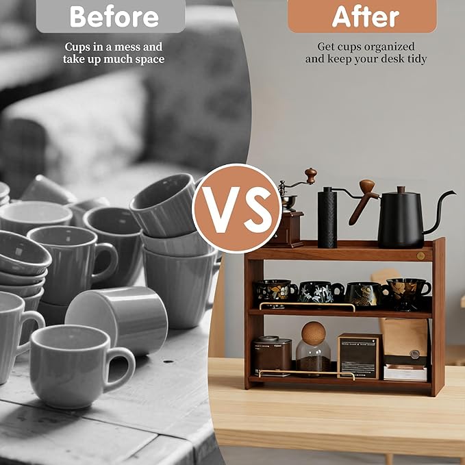 Wooden Cup Holder 3 Tier Walnut Wooden Shelf Organizer Coffee Station Organizer for Kitchen Home