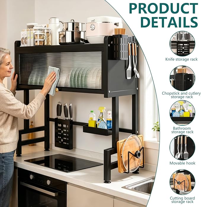Over The Sink Dish Drying Rack, 3-Tier Carbon Steel Kitchen Storage Cabinet with Cover, 33.46" Heavy-Duty Large Capacity Dish Drain Shelf for Kitchen Sink Organization