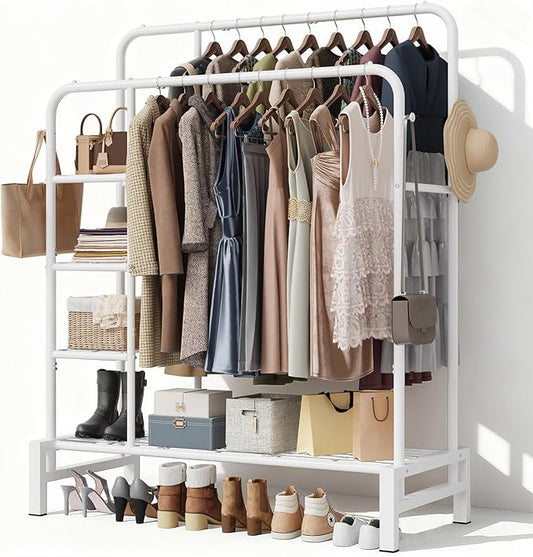 Clothes Rack for Hanging Clothes, Double Rods Clothing Rack with 3 Tier Storage Shelves, Multifunctional Heavy Duty Clothes Rack with Hooks for Bedroom, Laundry, Wardrobe Closet, White