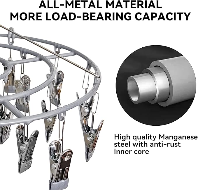 Funamily Stainless Steel Laundry Drying Rack Clothing Sock Drip Clothes Drying Hanger with 24 Clips, Swivel Windproof Hook Round Heavy Duty Underwear Hanger for Indoor Outdoor Wet and Dry (Grey)