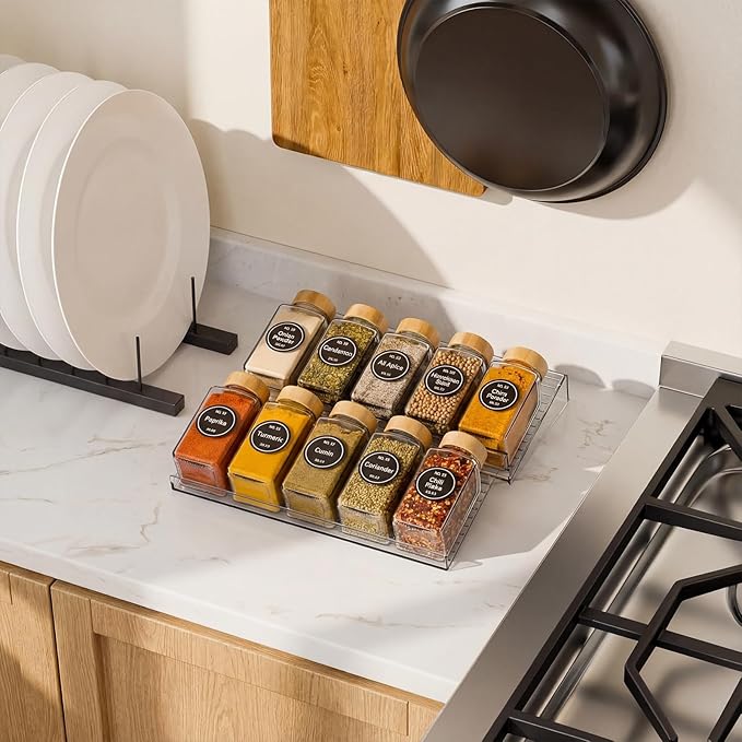 LETGO 4 Pack Adjustable Spice Rack for Drawer - 9" to 17.7" Expandable Spice Drawer Organizer 4 Tier Acrylic Seasoning Organizer Rack,Clear Spice Rack Tray for Spices,Condiment,Nail Polish and Jar (4)