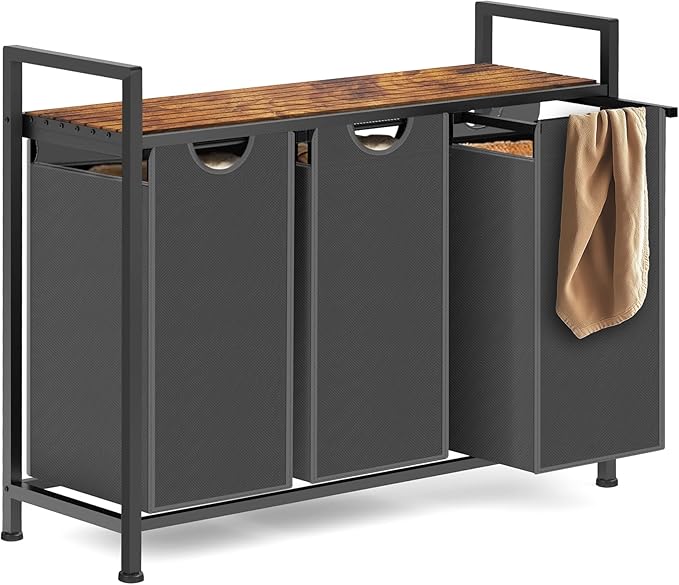 Sonharlar Laundry Hamper, Laundry Sorter with 3 Pull-Out Removable Oxford Fabric Bags Cloth Laundry Basket 3 x 10 Gallons (Grey and Rustic Brown)