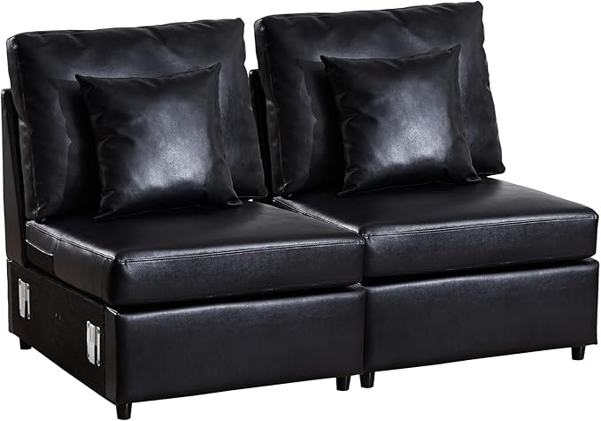 LEVNARY Modular Armless Chair Set of 2, Faux Leather Upholstered Single Seat for Sectional Sofa Expansion (Black)