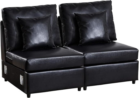 LEVNARY Modular Armless Chair Set of 2, Faux Leather Upholstered Single Seat for Sectional Sofa Expansion (Black)