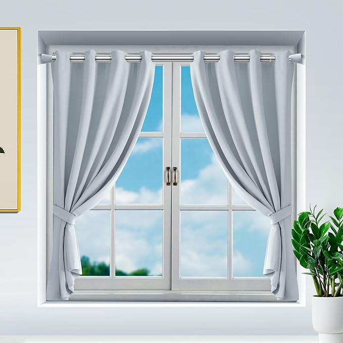 MEXAU Tension Curtain Rod for Windows 27 to 50 Inch，Silver Spring Tension Rods short curtain rod Adjustable Spring Rod Extendable Tension Rod for Kitchen, Bathroom, Window, Bookshelf.