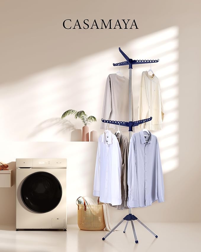 CASAMAYA Clothes Drying Rack Foldable, 74.8 inch 2 Tier Laundry Drying Rack with Rotating Clothes Rail for 54 Pieces of Clothes, Space Saving, Indoor, Stainless Steel, Blue and Silver CDR002Q01